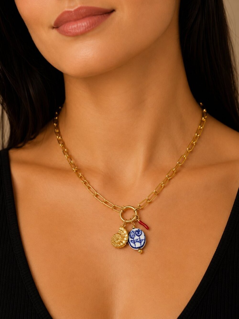 ✨ Gold Chain Charm Necklace with Blue Ceramic, Gold Shell and Red Pepper Accent
